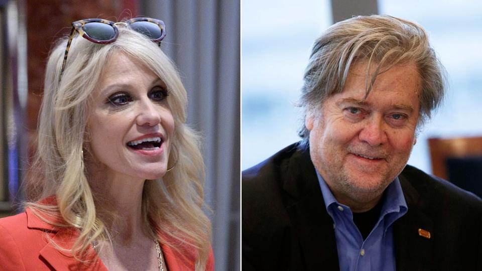 Kellyanne Conway and Steve Bannon both smile at the camera