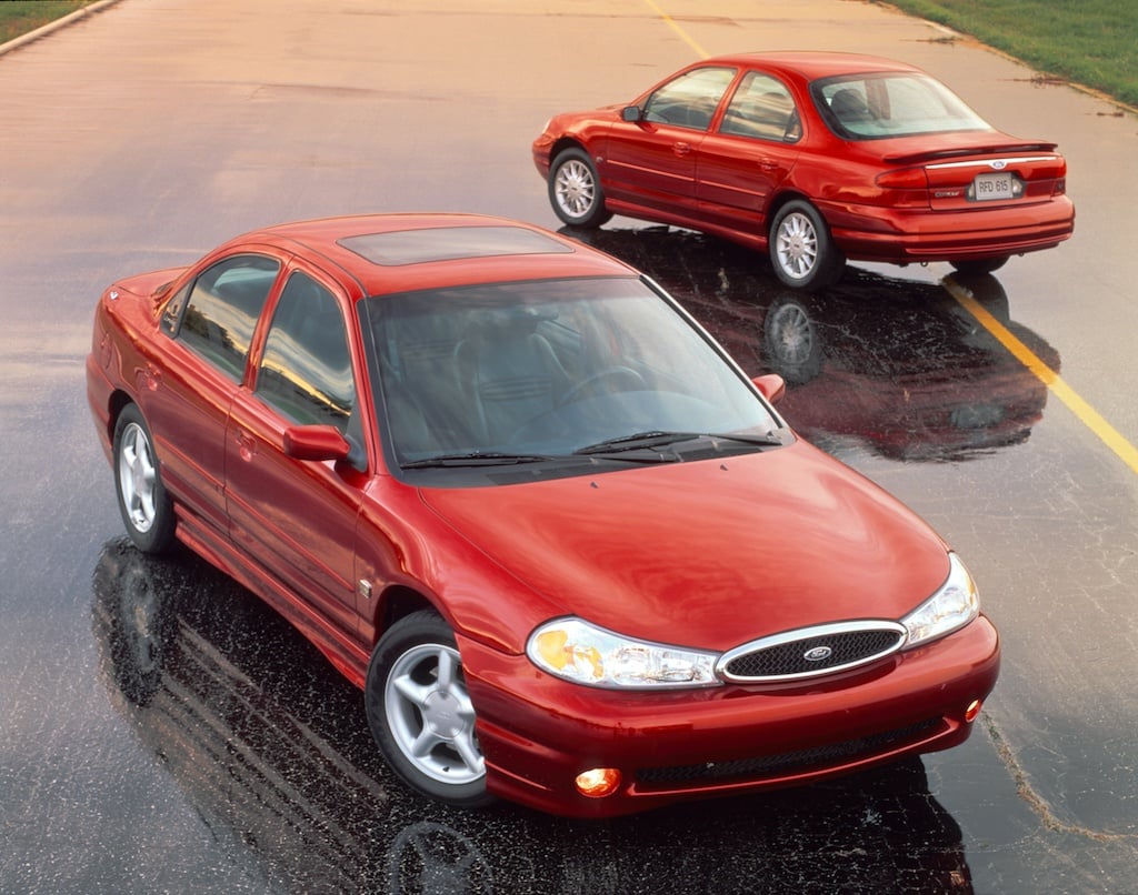 The 1998 Ford Contour SE and SVT displayed in an advertisement.