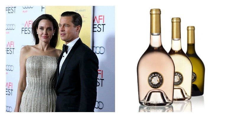 On the left is a picture of Brad Pitt and Angelina Jolie on the red carpet. On the right is a picture of three bottle of Miraval