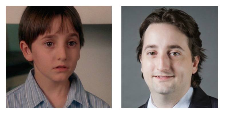 On the left is Charles Korsmo in Hook. On the right is Charles Korsmo smiling in a professional photo all grown up.