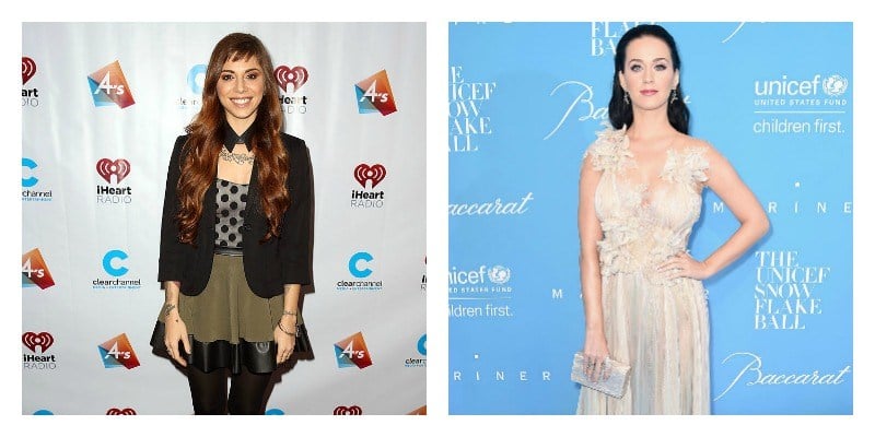 On the left is a picture of Christina Perri on the red carpet. On the right is a picture of Katy Perry on the red carpet.