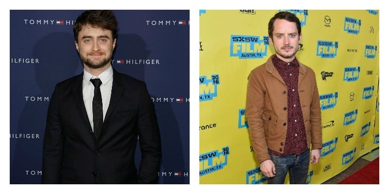 On the left is a picture of Daniel Radcliffe in a suit on the red carpet. On the right is a picture of Elijah Wood on the red carpet.