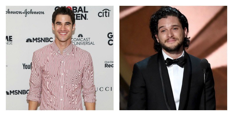 On the left is a picture of Darren Criss on the red carpet. On the right is a picture of Kit Harington in a suit on stage.