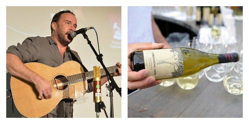 On the left is a picture of Dave Matthews playing the guitar and singing. On the right is a bottle of Dreaming Tree being poured.