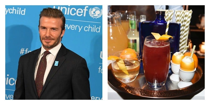 On the left is a picture of David Beckham on the red carpet. On the right is a picture of a glass of Haig Club Scotch 