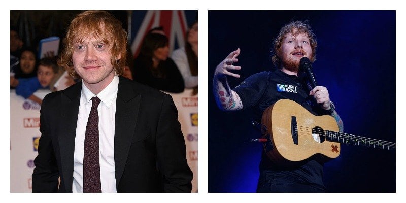 On the left is a picture of Rupert Grint in a suit on the red carpet. On the right is a picture of Ed Sheeran on stage with his guitar.