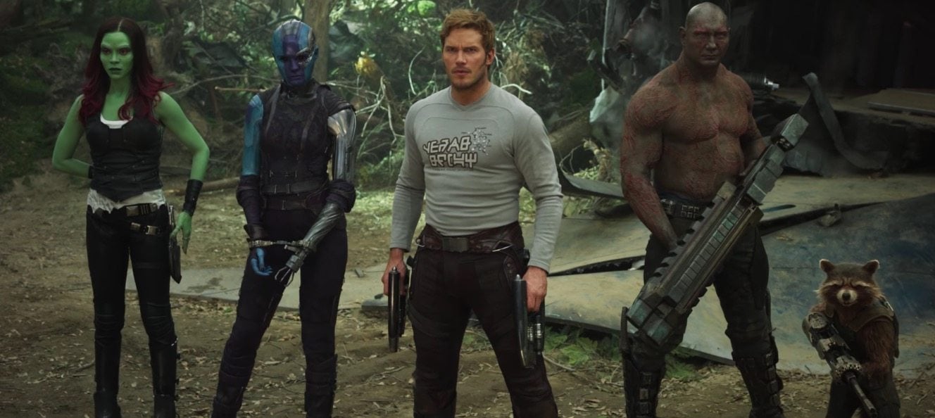 The Guardians of the Galaxy standing together on a wooded forest planet