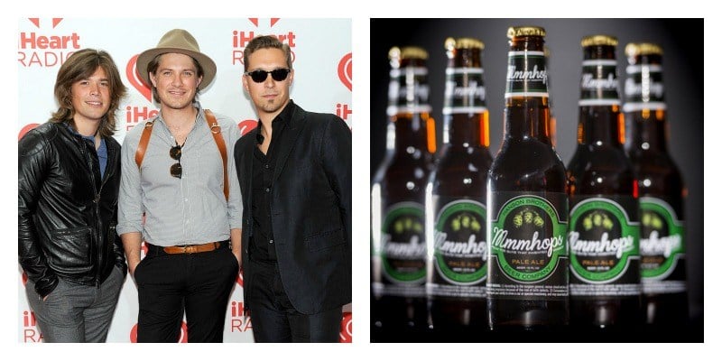 On the left is a picture of the Hanson brothers on the red carpet. On left is a picture of bottles of MmmHops lined up.