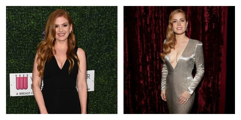 On the left is a picture of Isla Fisher in a black dress. On the right is a picture of Amy Adams in a metallic dress.