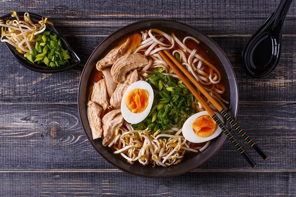 Japanese ramen soup with chicken, egg, chives