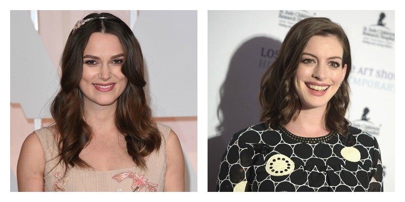 On the left is a picture of Keira Knightley smiling on the red carpet. On the right is a picture of Anne Hathaway on the red carpet.