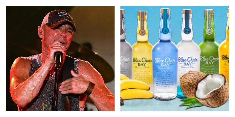 On the left is Kenney Chesney singing. On the right is a picture of Blue Chair Bay bottles lined up
