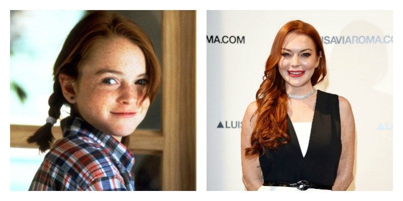 On the left is a picture of Lindsay Lohan in Parent Trap. On the right is a picture of her on the red carpet in 2017.