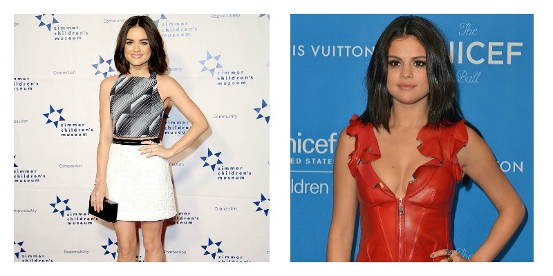 On the left is a picture of Lucy Hale on the red carpet. On the right is a picture of Selena Gomez on the red carpet.