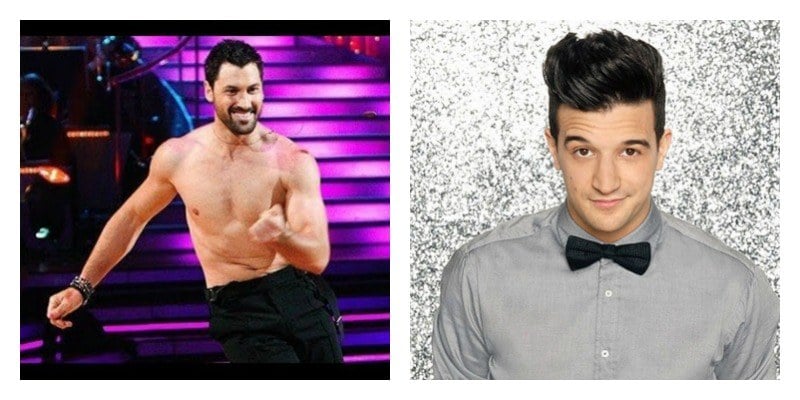 On the left is a picture of Maksim Chmerkovskiy dancing shirtless on Dancing with the Stars. On the right is a picture of Mark Ballas smiling on Dancing with the Stars.