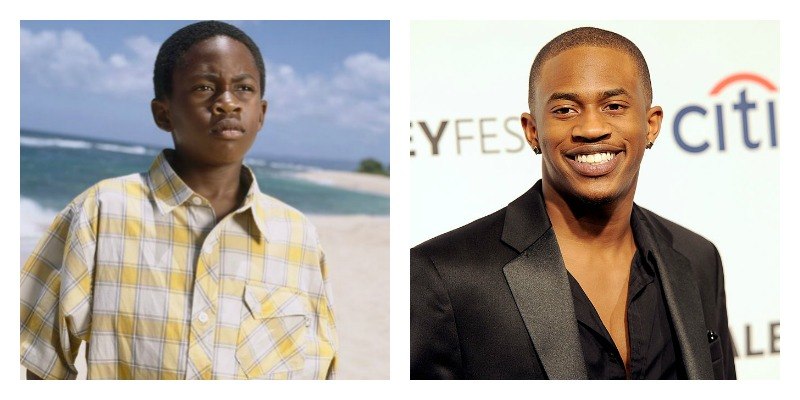 On the left is a picture of Malcolm David Kelley on a beach on Lost. On the right is a picture of Malcolm David Kelley on the red carpet.