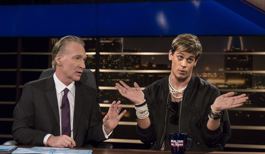 Bill Maher sits next to Milo Yiannopoulos, whose hands are splayed out