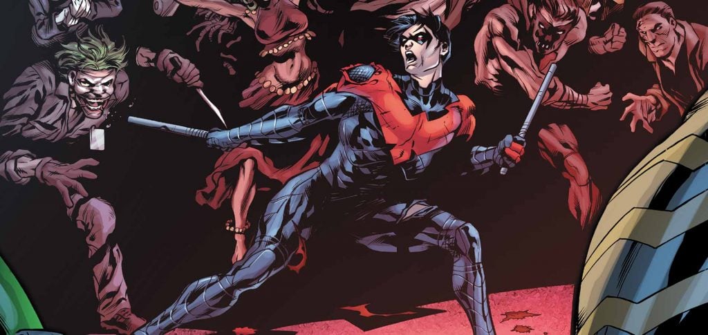 Nightwing fighting off bad guys in DC's comics