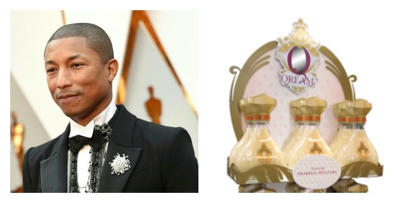 On the right is picture of Pharrell Williams on the red carpet. On the right is a picture of Qream stacked on a display