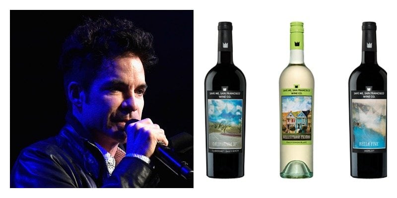 On the left is Pat Monahan of Train singing. On the right are bottles of Save Me, San Francisco Wine lined up