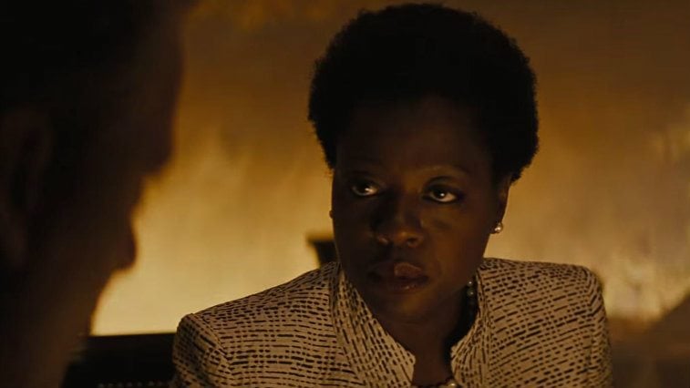 Viola Davis in a suit about to speak in Suicide Squad