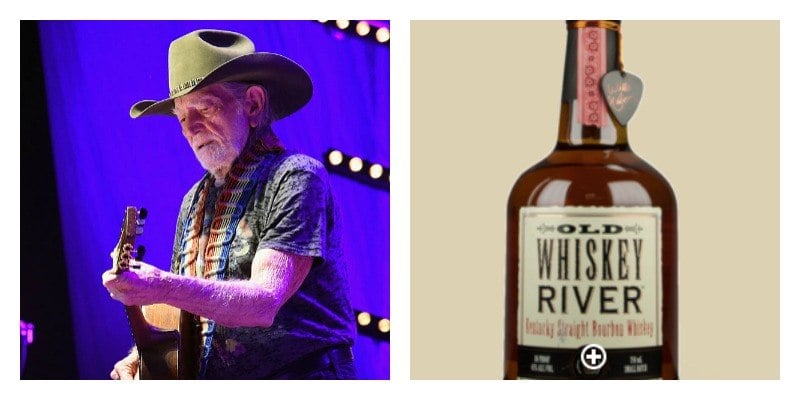 On the left is Willie Nelson playing guitar. On the right is a picture of a bottle of Old Whiskey River