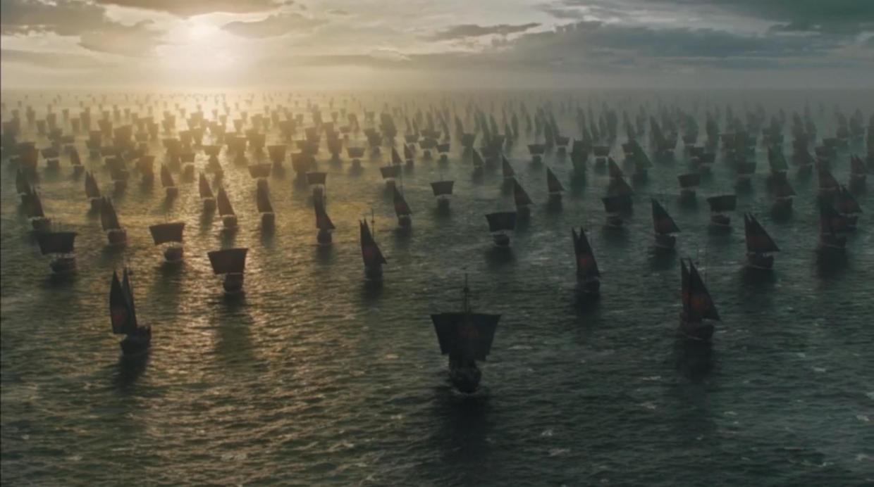 A fleet of ships on the water in a scene from the Season 6 finale of 'Game of Thrones'