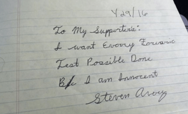 Steven Avery's note written from prison and shared by lawyer Kathleen Zellner