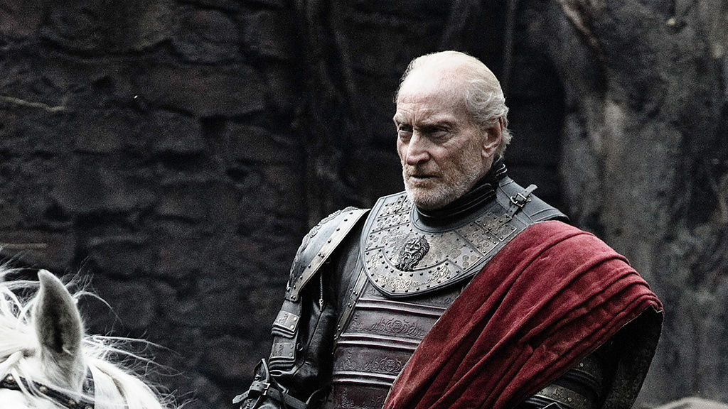 Tywin Lannister rides a horse in a scene from 'Game of Thrones.'