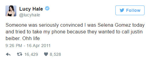 A screen shot of a tweet from Lucy Hale reading "Someone was seriously convinced I was Selena Gomez today and tried to take my phone because they wanted to call justin bieber. Oh my life"