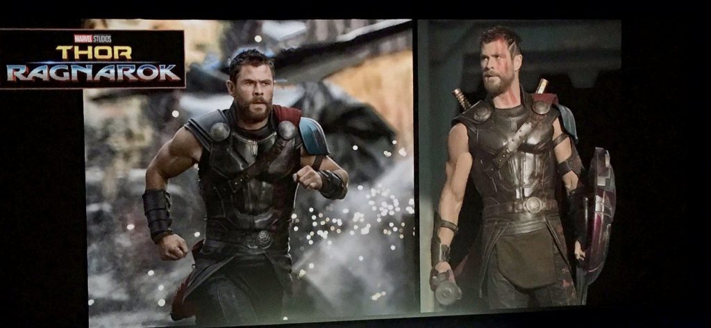 Thor runs into a battle in one image, and stands looking to his right in the other