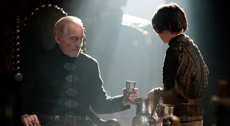 Arya Stark gives Tywin Lannister a goblet in a scene from 'Game of Thrones'