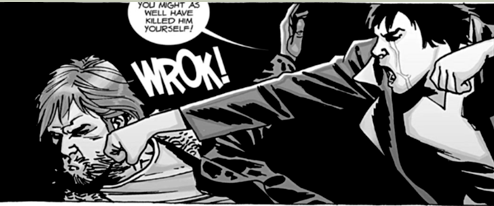 Maggie punching Rick and telling him 'You might as well have killed him yourself' in a panel from 'The Walking Dead' comics.