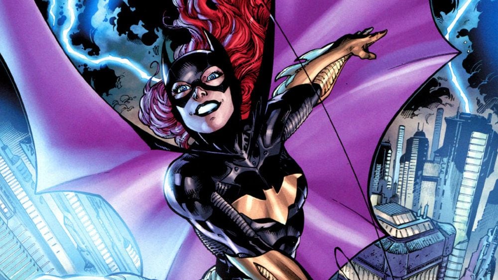 Batgirl in costume swinging over Gotham City during a storm and smiling