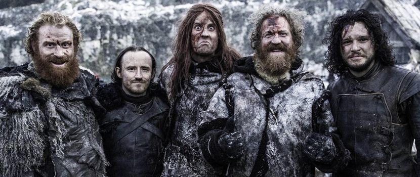 Mastodon dressed as Wildlings, posing for a photo with Jon Snow and the Night's Watch