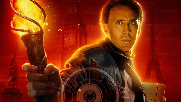 Nicolas Cage on the poster for National Treasure Book of Secrets holding a flame and looking serious