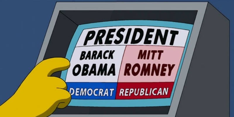 Homer tries to choose Barack Obama on an electric voting machine, but Mitt Romney is highlighted.