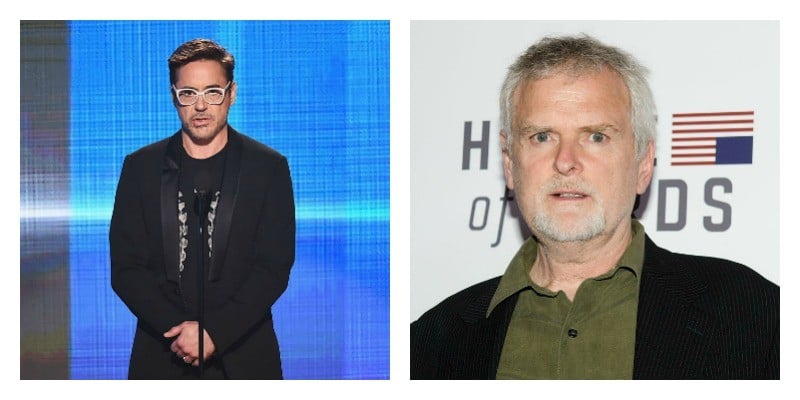 On the left is Robert Downey Jr. in a black suit and white glasses. On the right is a close up picture of David Fincher on the red carpet.