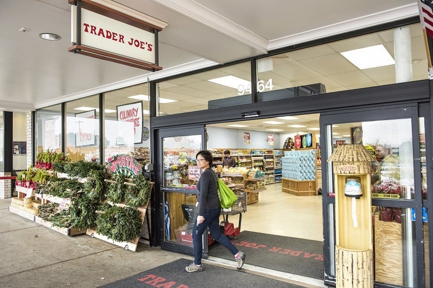Trader Joe's grocery store entrance with sign
