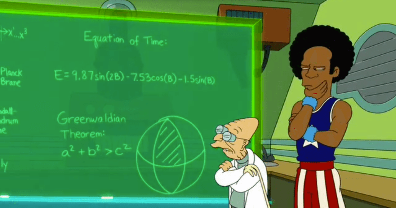 Farnsworth and a Harlem Globetrotter stroking their chins, looking at a chalkboard