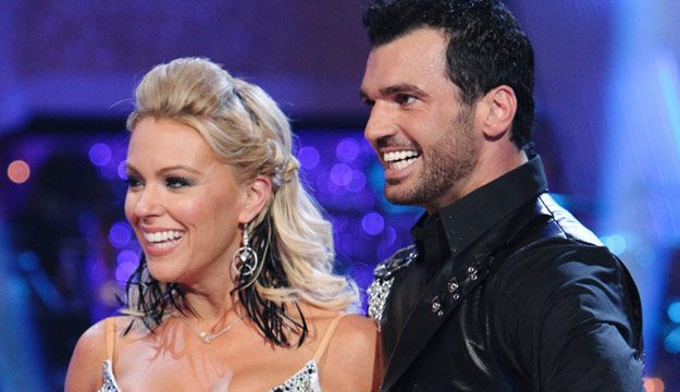 Kate Gosselin and her 'Dancing With the Stars' partner Tony Dovolani smile as they listen to judges' comments.