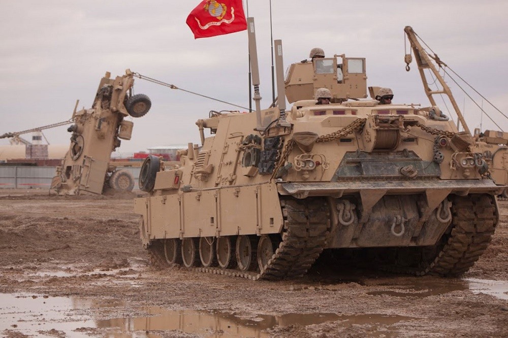 M88A2 Hercules Recovery Vehicle flying the Marine flag.