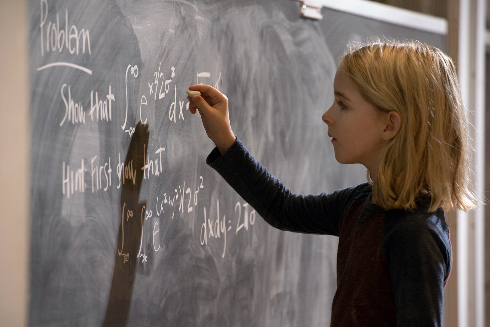 Mary Adler writes complicated math equations on a chalkboard in a scene from 'Gifted.'
