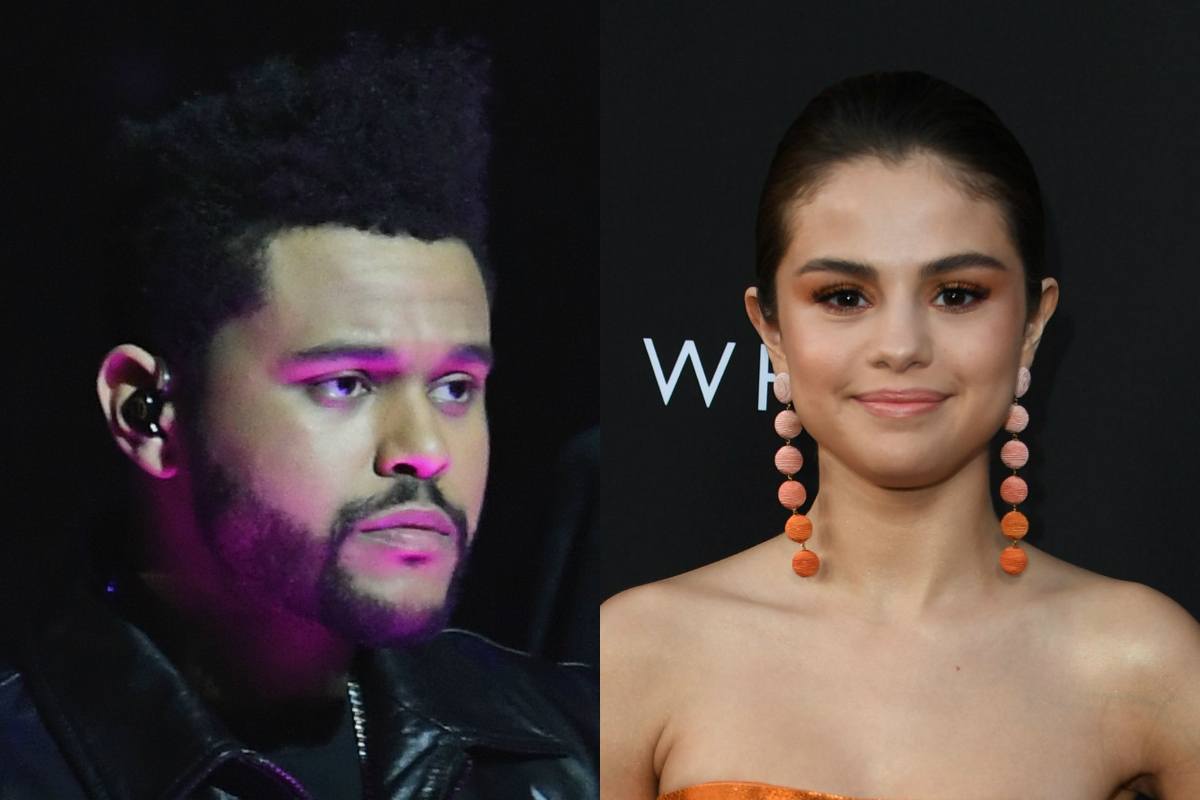 Side-by-side photos of The Weeknd and Selena Gomez.