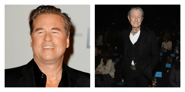 On the left is a closeup of Val Kilmer smiling on the red carpet. On the right is a photo of Joel Schumacher smiling in front of seated people.
