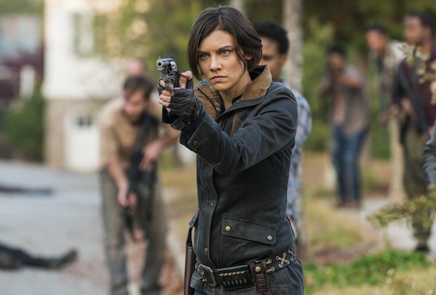 Maggie looks determined as she aims her pistol during a scene from the Season 7 finale of 'The Walking Dead.'