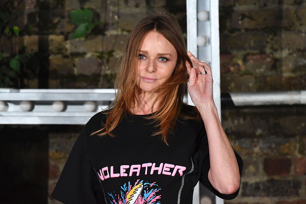 Stella McCartney wears a shirt that reads, "No leather."