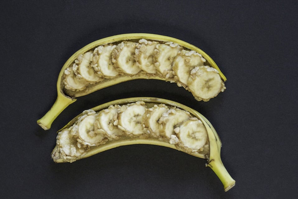 Sliced banana with peanut butter and oats