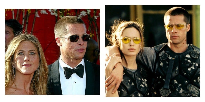 On the left is Jennifer Aniston and Brad Pitt on the red carpet. On the right is Brad Pitt and Angelina Jolie in bullet proof gear.