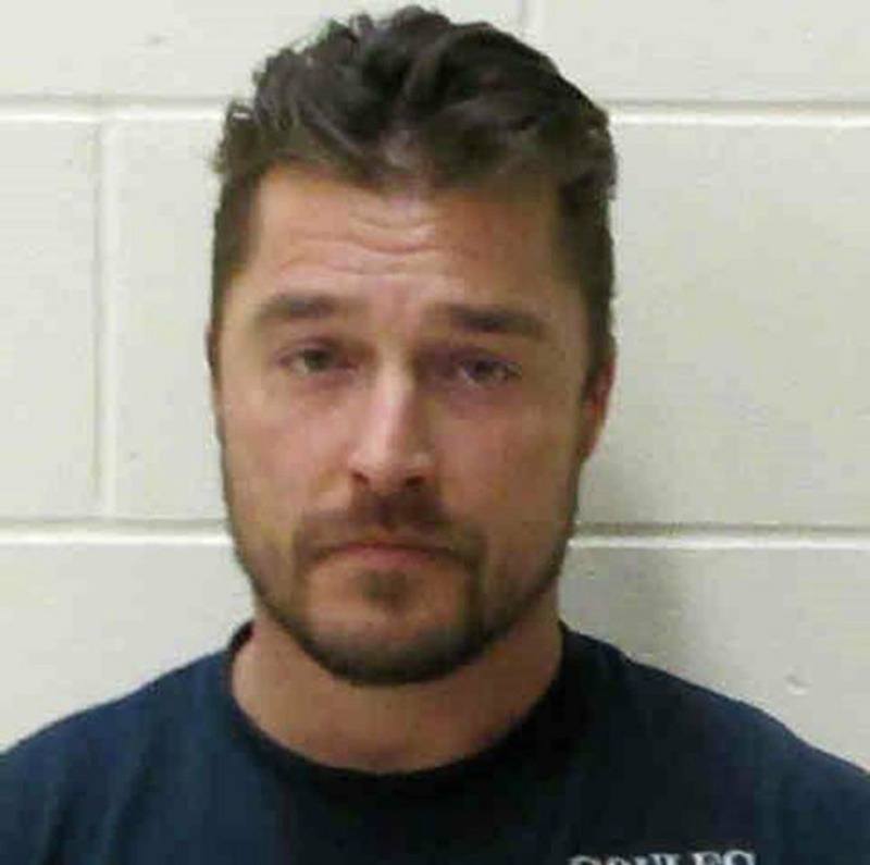 Chris Soules' mug shot, where he is looking at the camera in a navy blue shirt